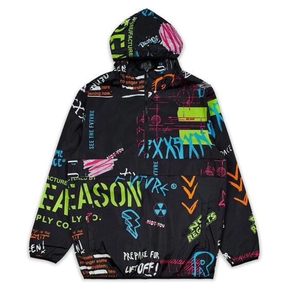 Reason Men’s Allover Print Space Graffiti  Half-Zip Anorak Hooded Jacket Size L - Picture 1 of 7
